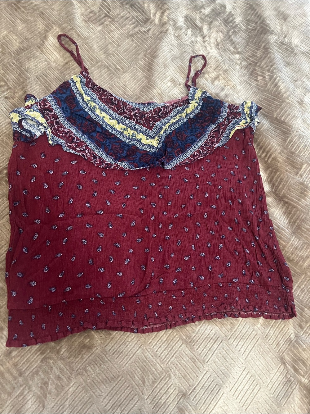 Maurices Burgundy Boho Spaghetti Strap Camisole with Patterned Yoke